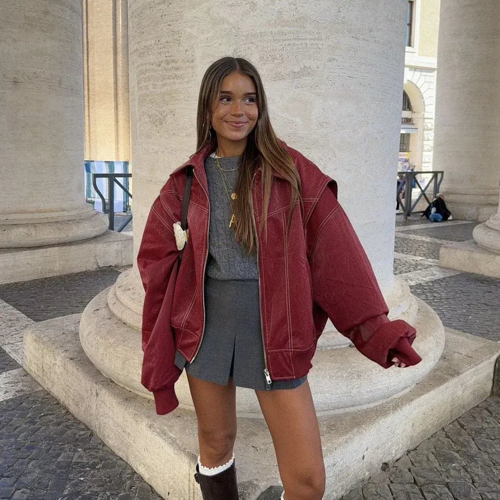 Damjacka – Oversized bomberjacka i PU-konstläder för streetwear och vardag