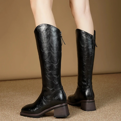 Women’s Knee-High Riding Boots - Block Heel Side Zip