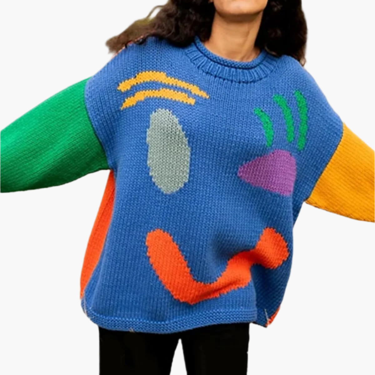 Unisex stickad tröja med konstnärligt smiley-motiv för avslappnad stil och vardagskomfort