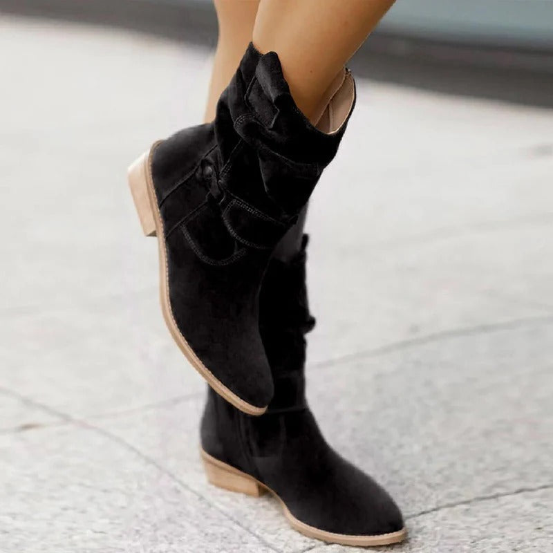 Women’s Slouch Ankle Boots - Side Zip Strap Detail Low Heel