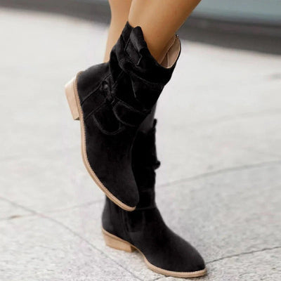 Women’s Slouch Ankle Boots - Side Zip Strap Detail Low Heel