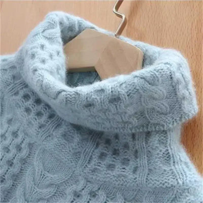 Women’s Blue Cable Knit Turtleneck Sweater - Chunky Winter Pullover
