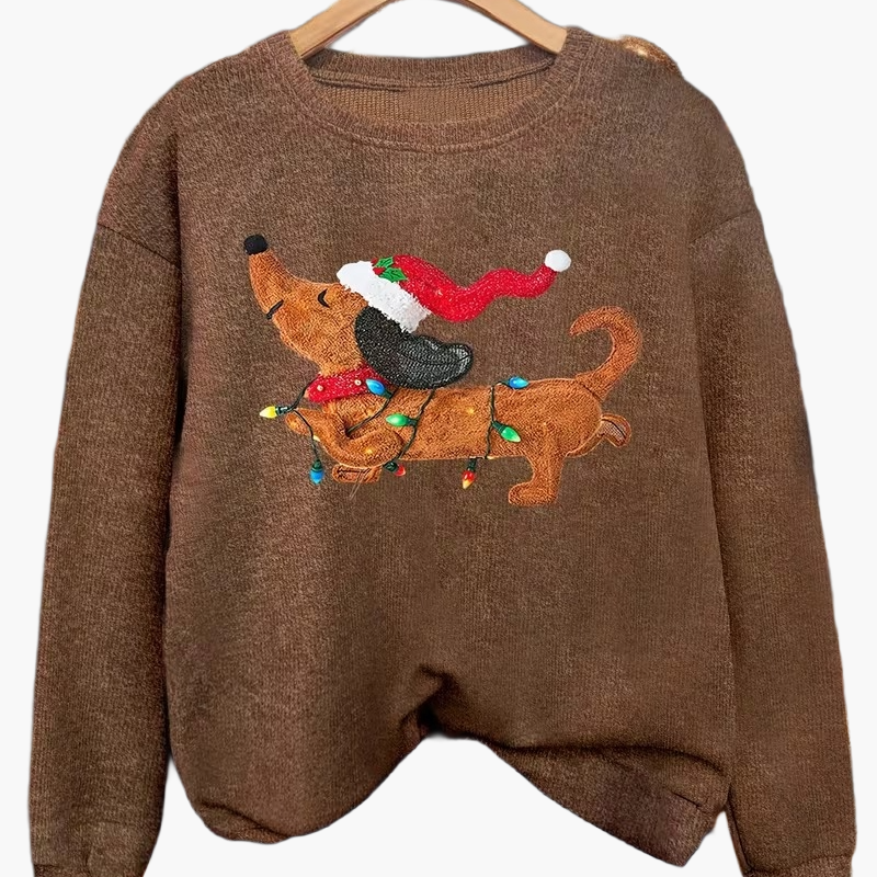 Damtröja med julmotiv och tax – julig och avslappnad stickad pullover