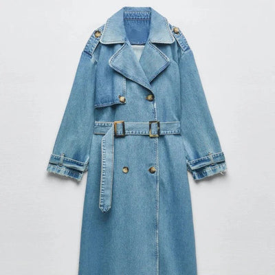 Classic Denim Trench Coat with Belt