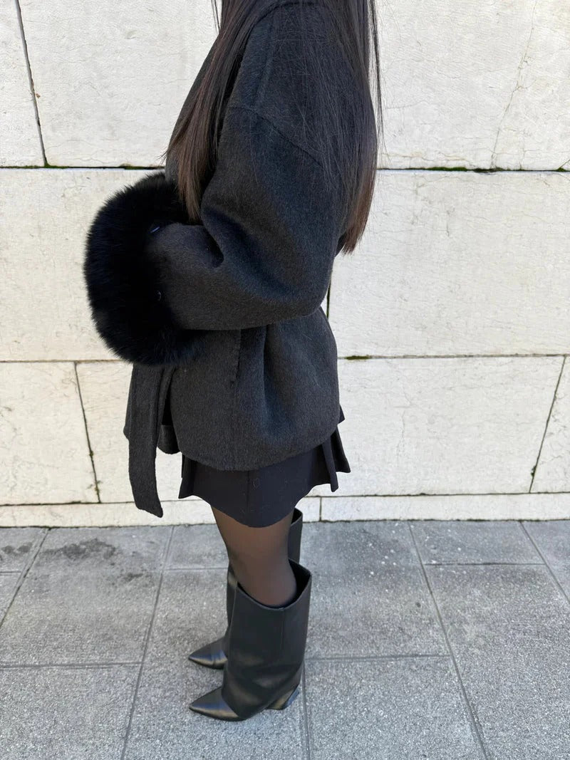 Women’s Belted Wool Coat with Faux Fur Cuffs - Elegant Short Wrap Jacket