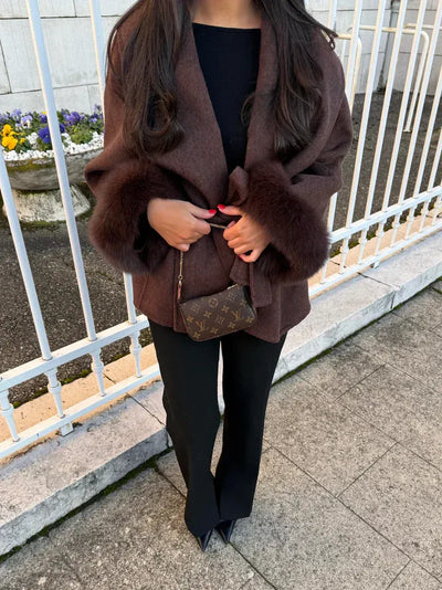 Women’s Belted Wool Coat with Faux Fur Cuffs - Elegant Short Wrap Jacket