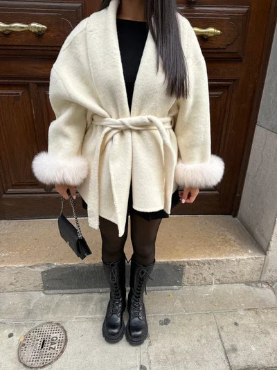 Women’s Belted Wool Coat with Faux Fur Cuffs - Elegant Short Wrap Jacket