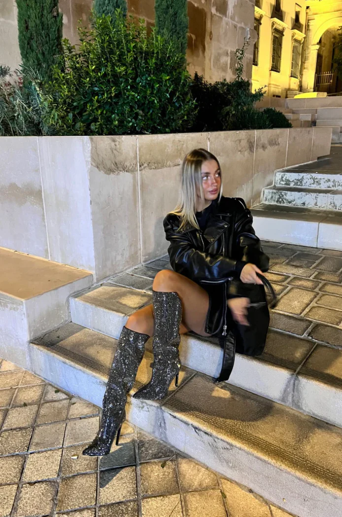 Women’s Knee-High Stiletto Boots - Pointed Toe Crystal Detailing