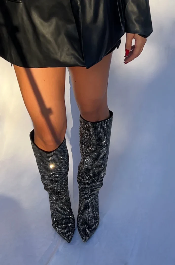 Women’s Knee-High Stiletto Boots - Pointed Toe Crystal Detailing