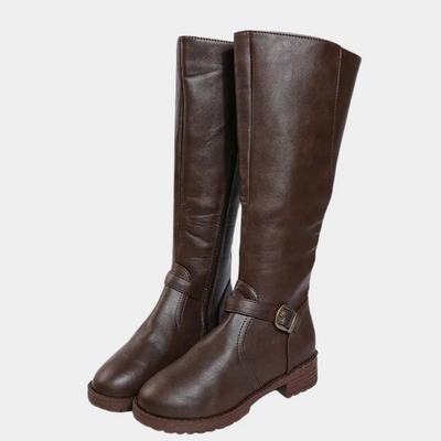 Women’s Knee-High Buckle Boots - Side Zip Low Heel Riding Style