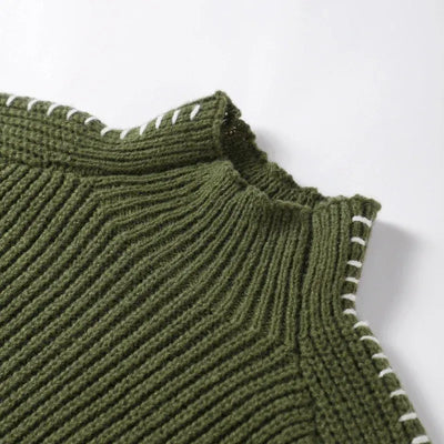 Women’s High-Neck Chunky Knit Sweater - Contrast Stitch Pullover