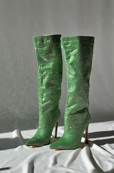 Women’s Knee-High Stiletto Boots - Pointed Toe Crystal Detailing