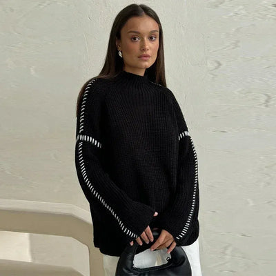 Women’s High-Neck Chunky Knit Sweater - Contrast Stitch Pullover