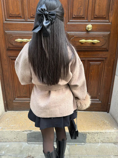 Women’s Belted Wool Coat with Faux Fur Cuffs - Elegant Short Wrap Jacket