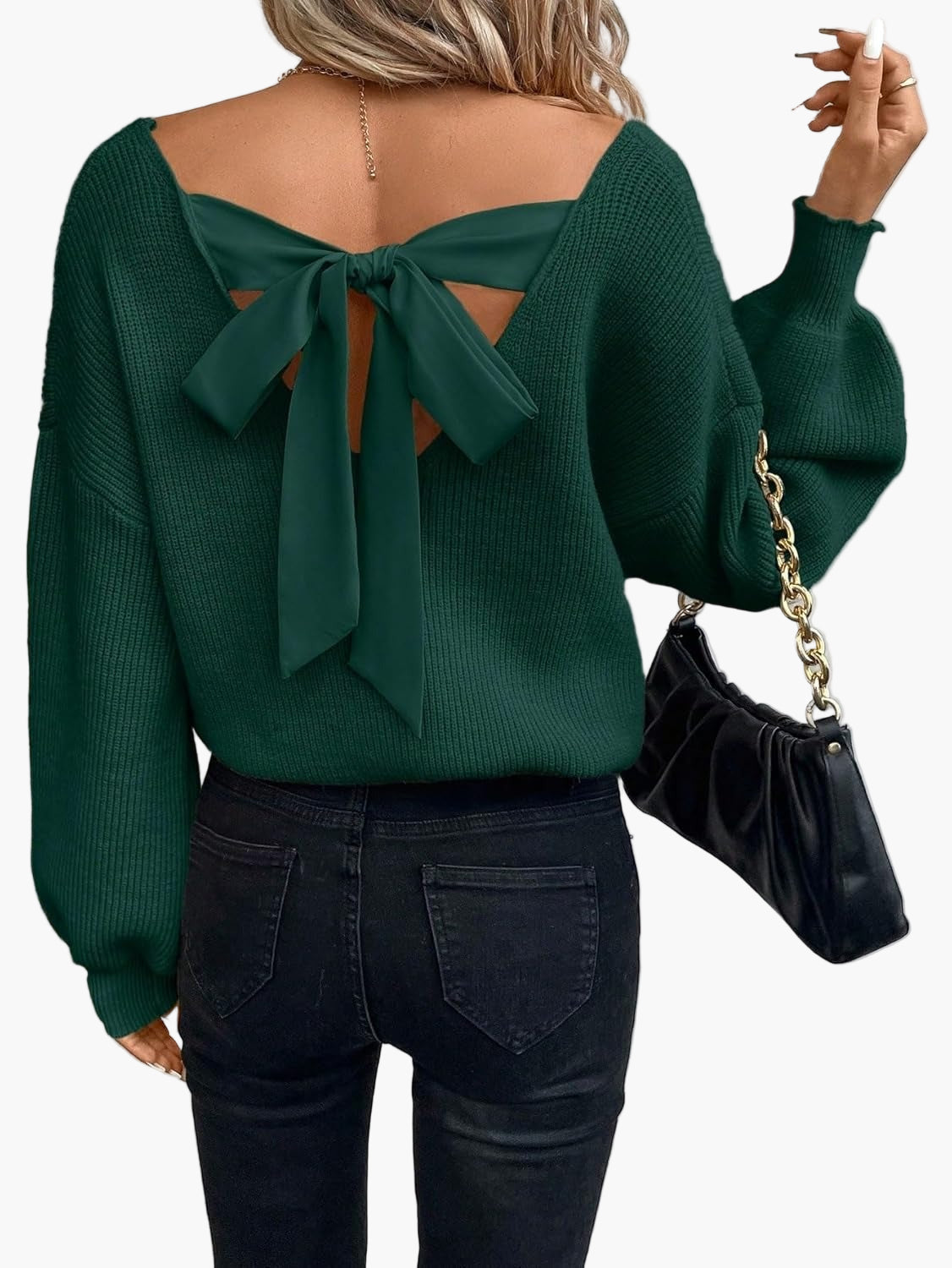 Kvinnors trendig stickad tröja med öppen rygg och rosett – perfekt för vardag och fest