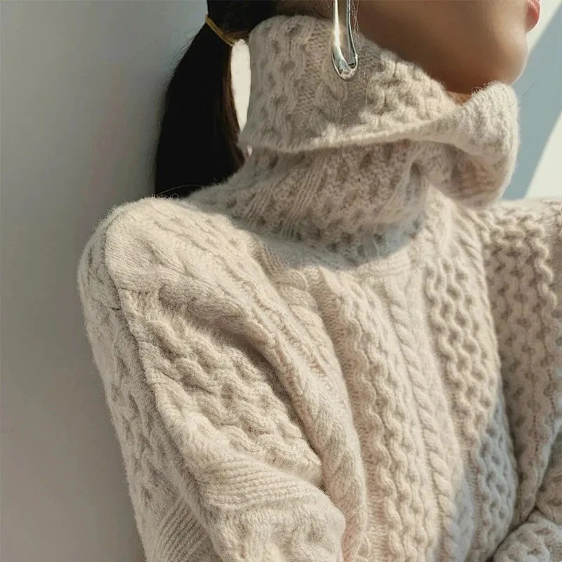 Women’s Blue Cable Knit Turtleneck Sweater - Chunky Winter Pullover