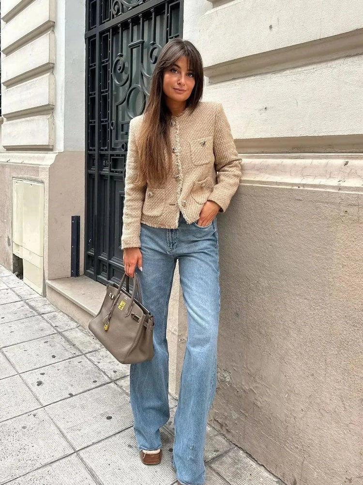 Women’s Tweed Button-Up Jacket - Elegant Short Blazer