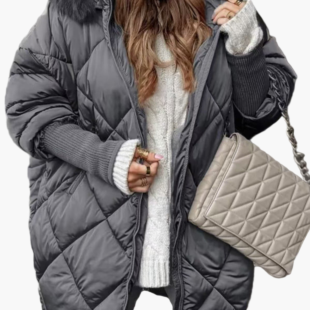 Dam Vinterjacka Oversize Quiltad Varm Parkas med Huva – Trendig och Elegant Ytterplagg för Kallt Väder