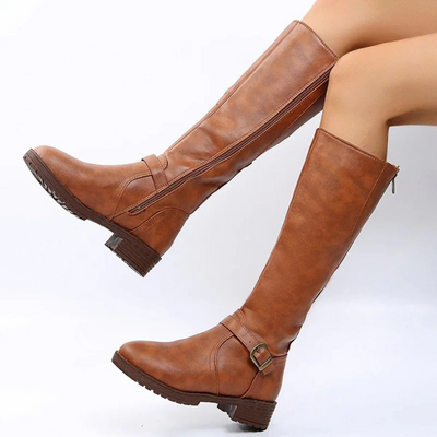 Women’s Knee-High Buckle Boots - Side Zip Low Heel Riding Style
