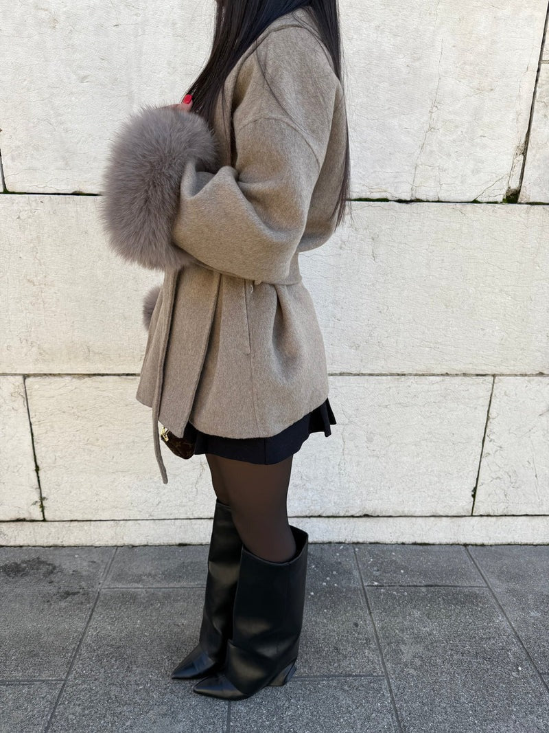 Women’s Belted Wool Coat with Faux Fur Cuffs - Elegant Short Wrap Jacket