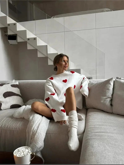 Women’s Heart Print Oversized Knit Sweater - Cozy Casual Pullover