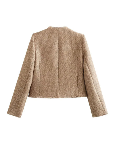 Women’s Tweed Button-Up Jacket - Elegant Short Blazer