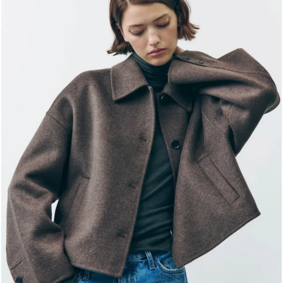 Women’s Cropped Wool Blend Jacket - Minimalist Button-Down Outerwear