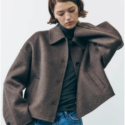 Women’s Cropped Wool Blend Jacket - Minimalist Button-Down Outerwear
