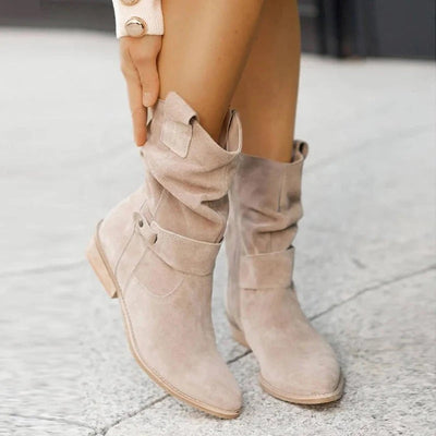 Women’s Slouch Ankle Boots - Side Zip Strap Detail Low Heel