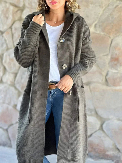 Women’s Longline Ribbed Knit Cardigan – Front Buttons & Pockets
