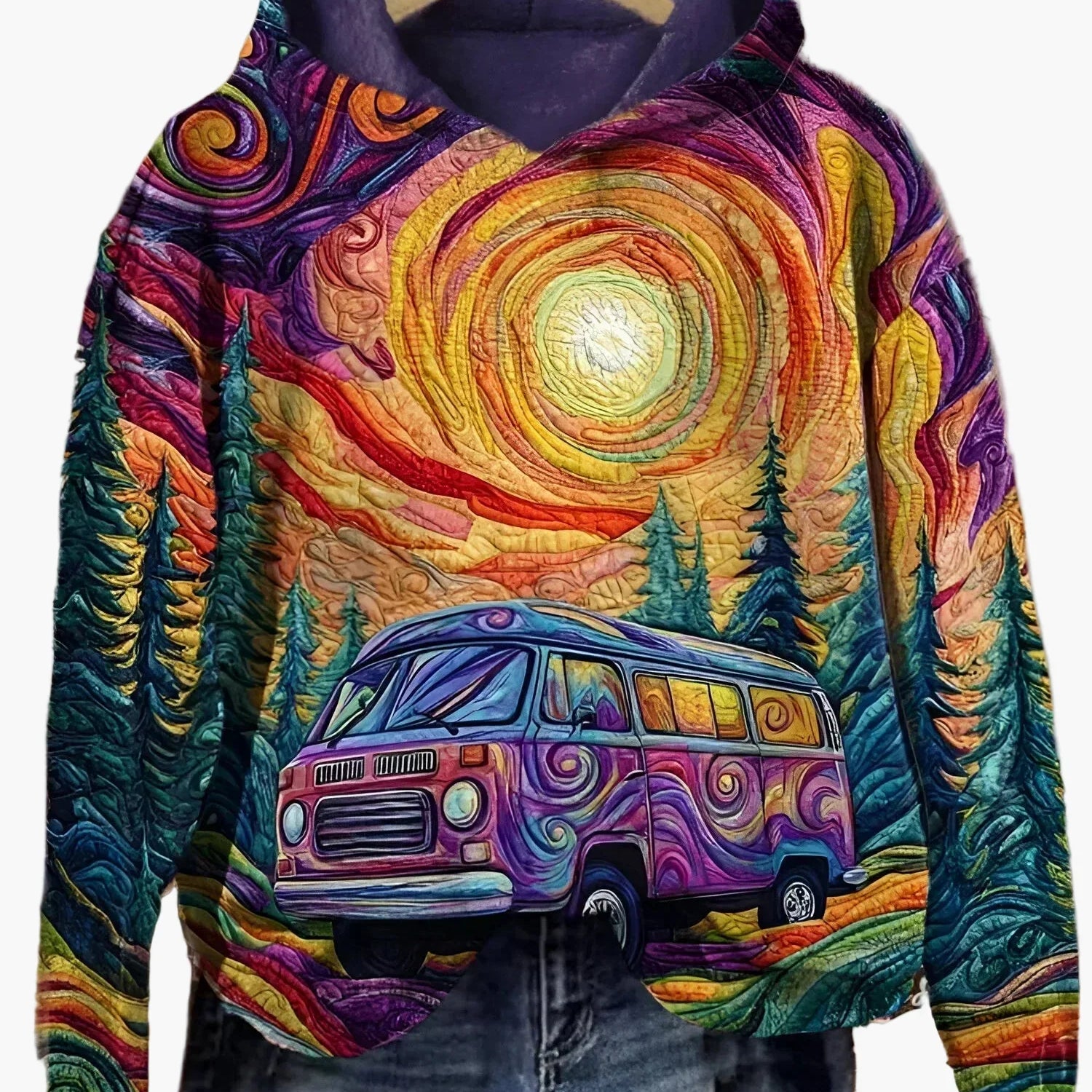 Damtröja med konstnärligt retrobussmotiv – Bohemisk hoodie för äventyr och vardag