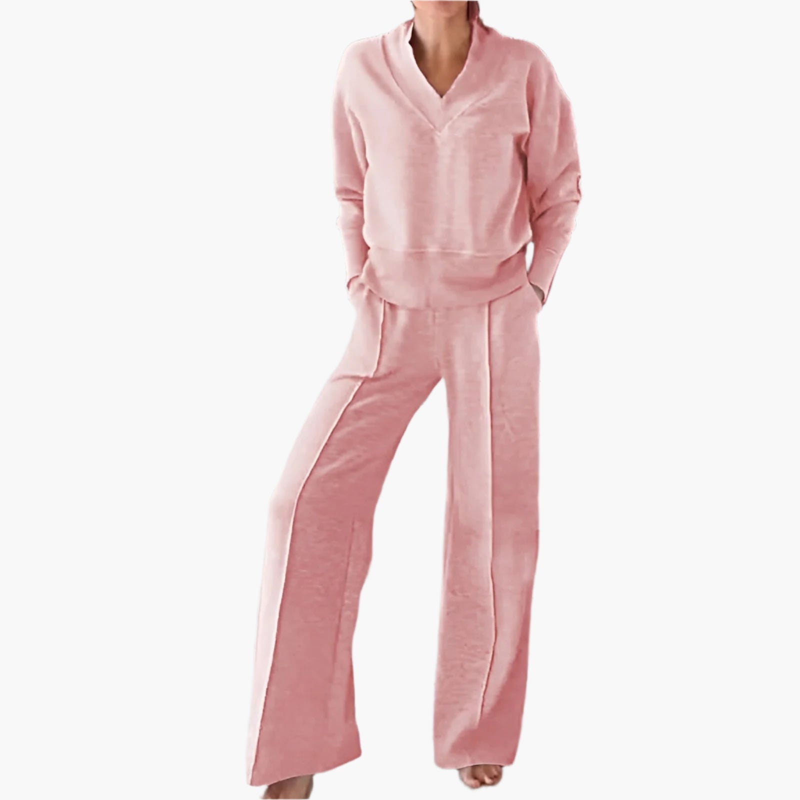 Dam Träningsset i 2 Delar – Elegant Lounge- och Sportdräkt med V-ringning och Vida Byxor