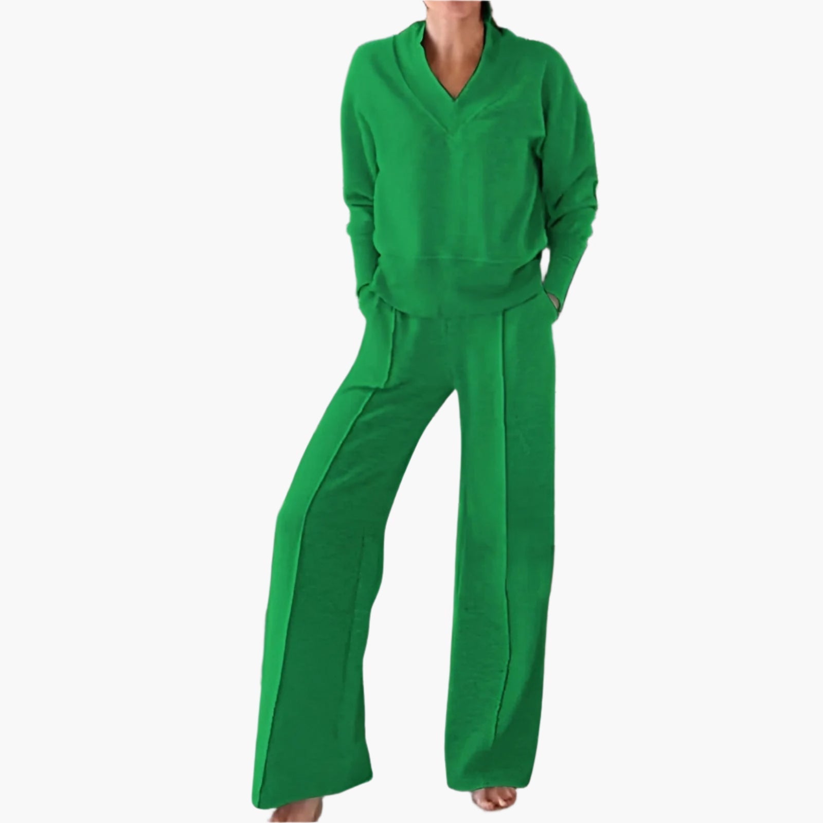 Dam Träningsset i 2 Delar – Elegant Lounge- och Sportdräkt med V-ringning och Vida Byxor