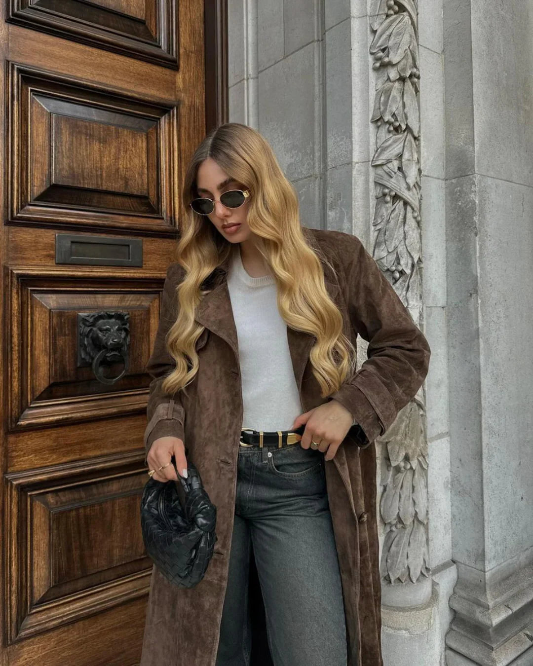 Women’s Suede Trench Coat – Double-Breasted & Self-Tie Waist