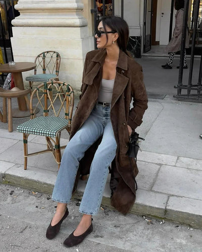 Women’s Suede Trench Coat – Double-Breasted & Self-Tie Waist